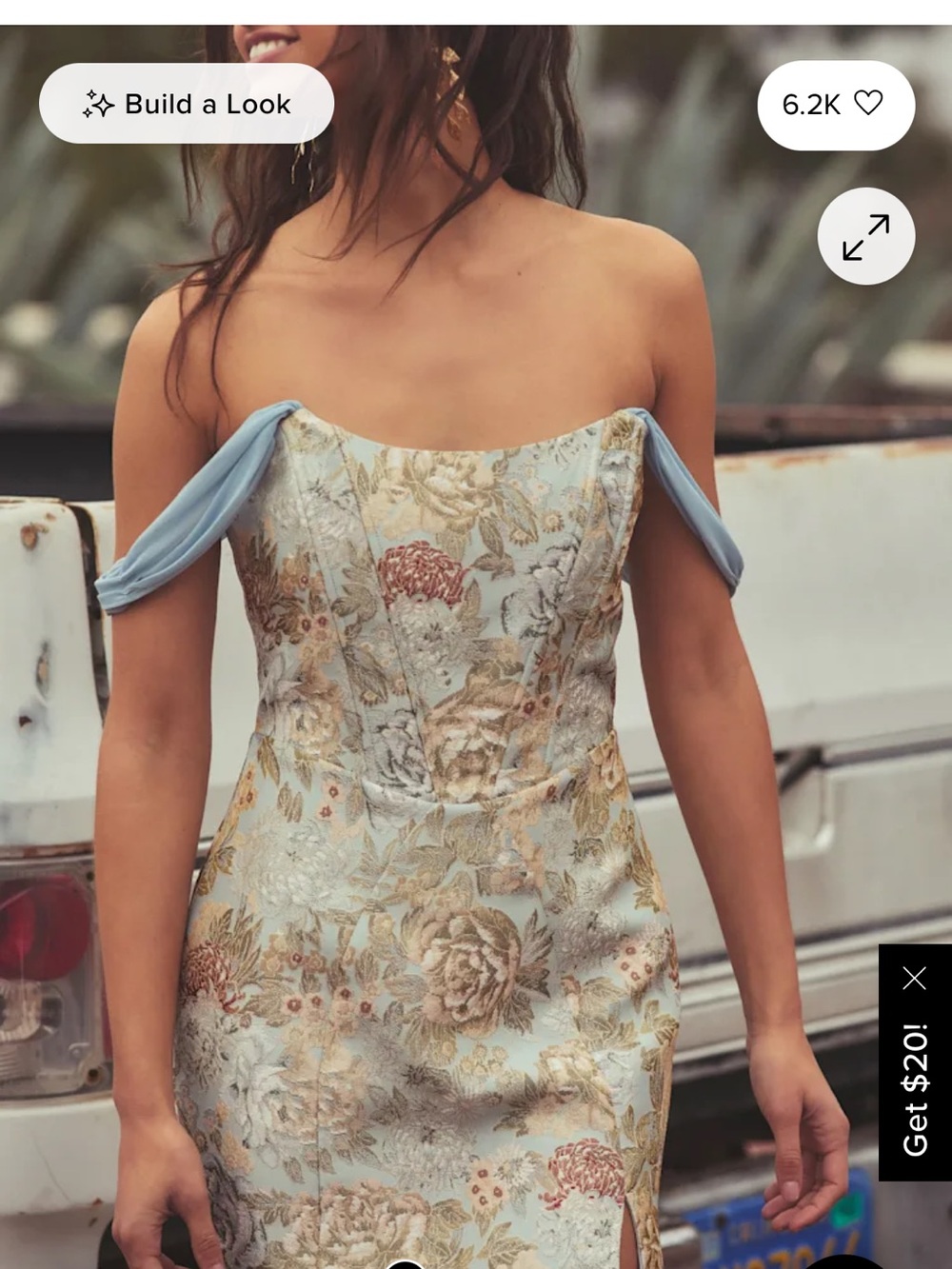 Lulu's Light Blue One-Shoulder Floral Brocade Dress with Gold Accents